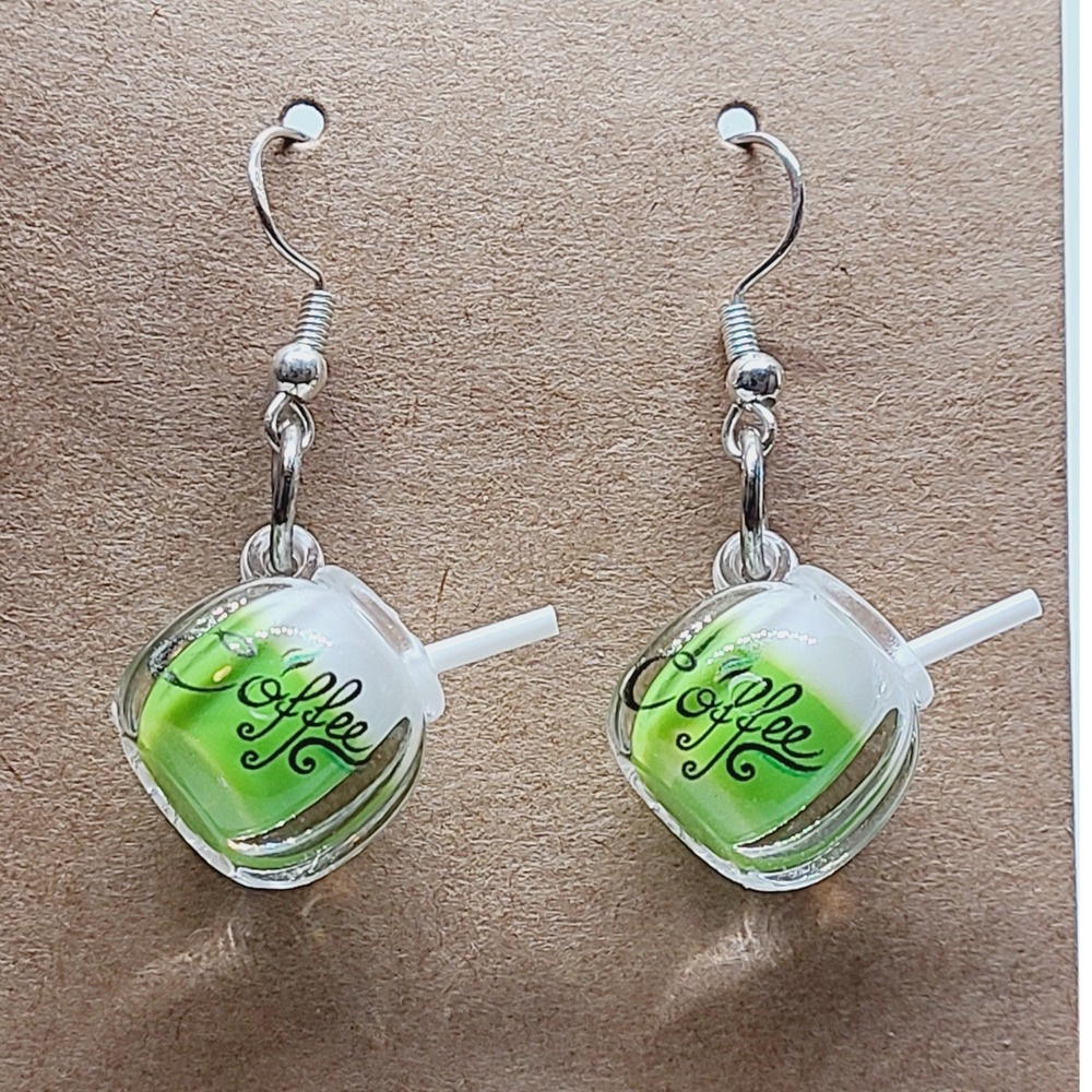 Handmade Green Tea‎ Latte Miniature Coffee Cup Drop Earrings 1.5"